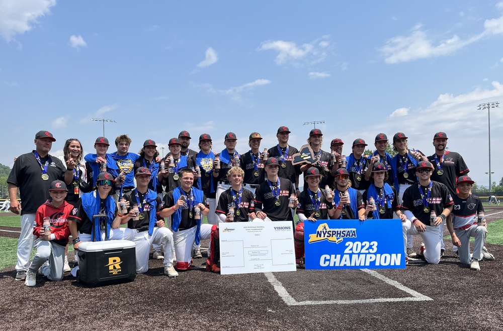 baseball team makes number one sign  with 2023 NYS Class C Trophies