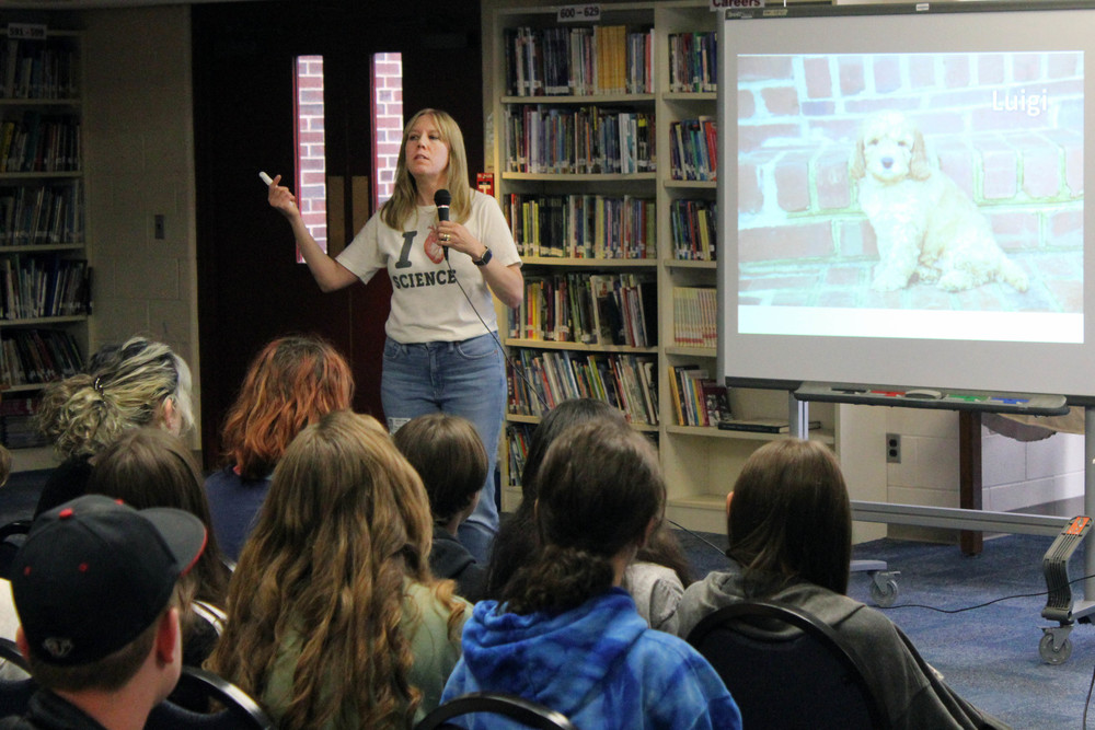 Stacy McAnulty speaks to students at CMS