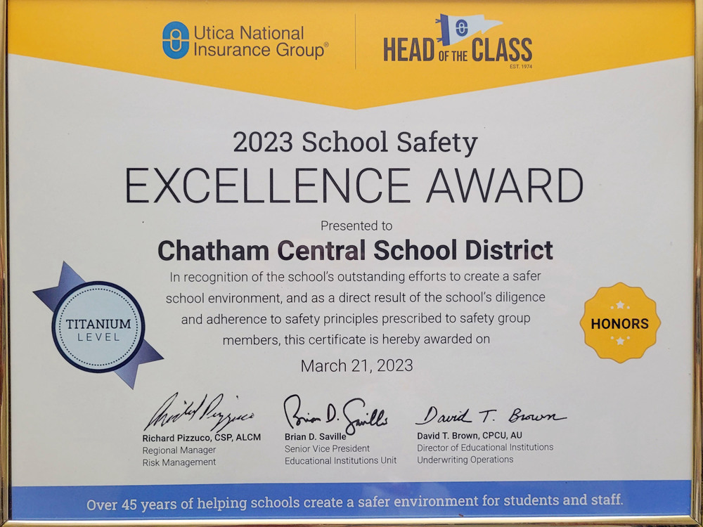 2023 Schhol Excellence Award framed certificate honoring Chatham Central School District 
