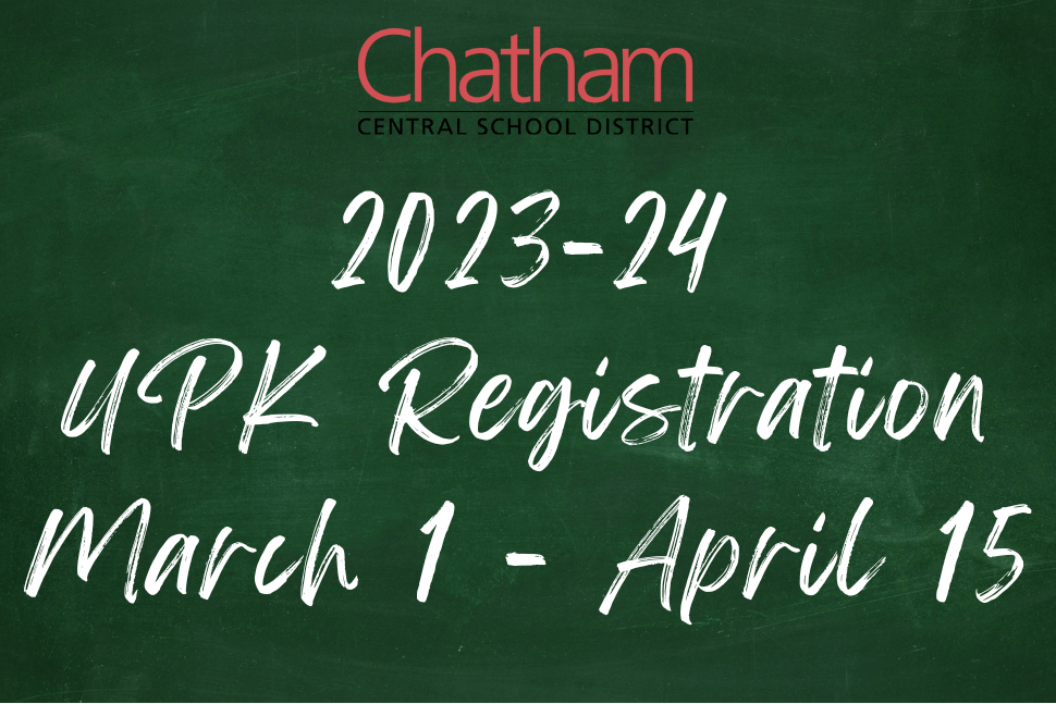 Chalboard with UPK Registration March 1 - April 15 Written on it
