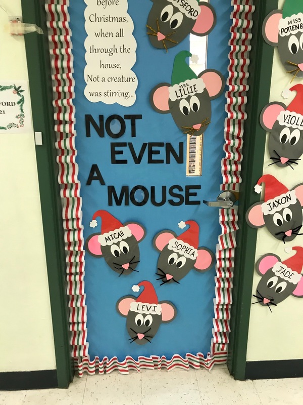 Door decorated as holiday poem with mice