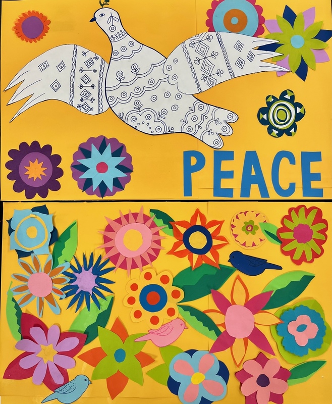 Ukrainian Folk Art Mural showing birds, flowers, and the word peace.