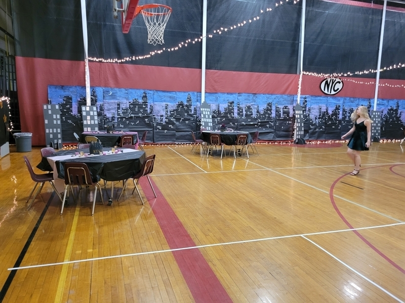 CMS gym with cityscape decorations
