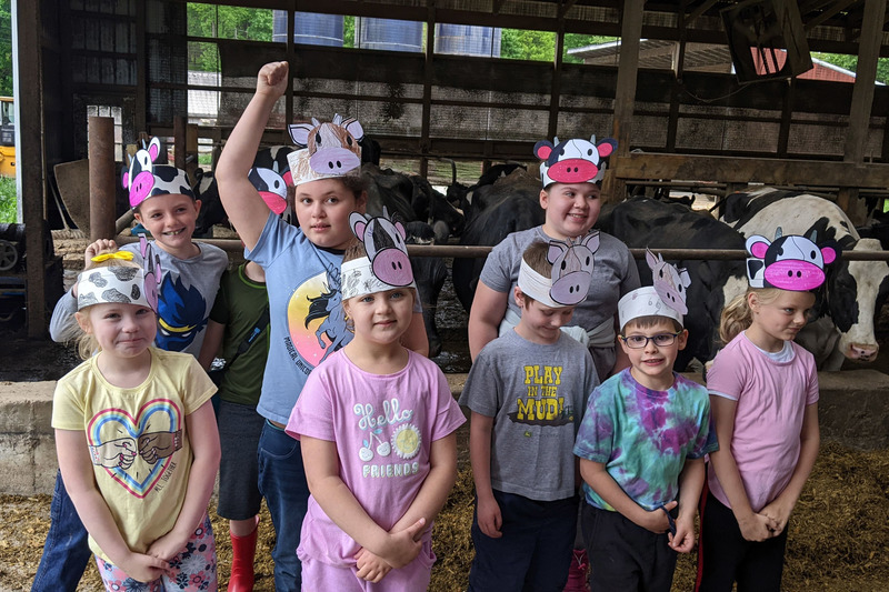 students wearing paper hats pose for group photo in barn with cows