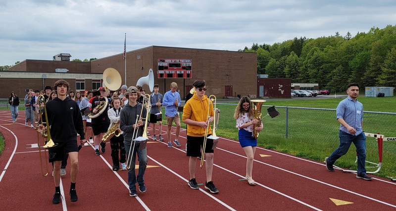 Marching band practicing on school track