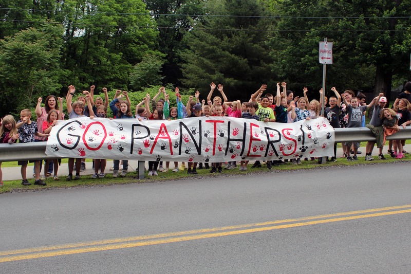 students holding Go Panthers Banner