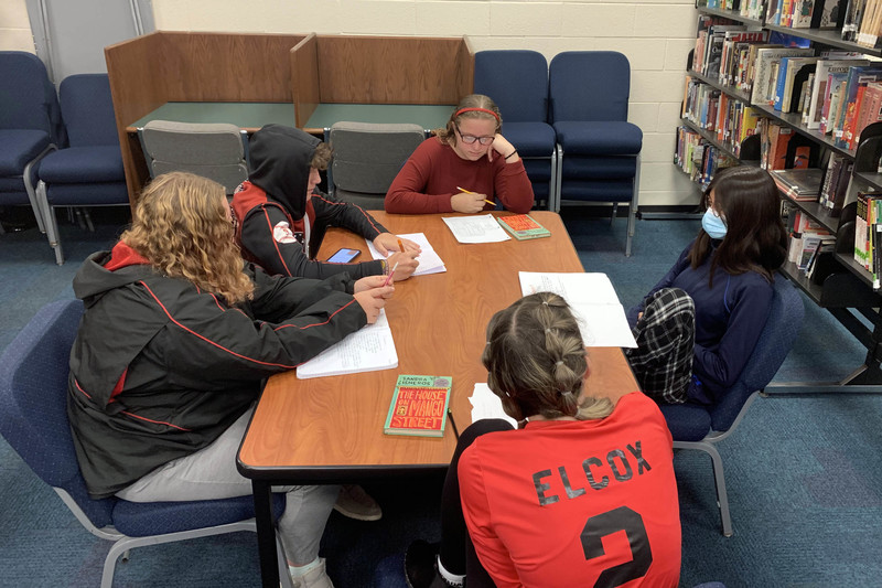 students in small-group book circle discussion 
