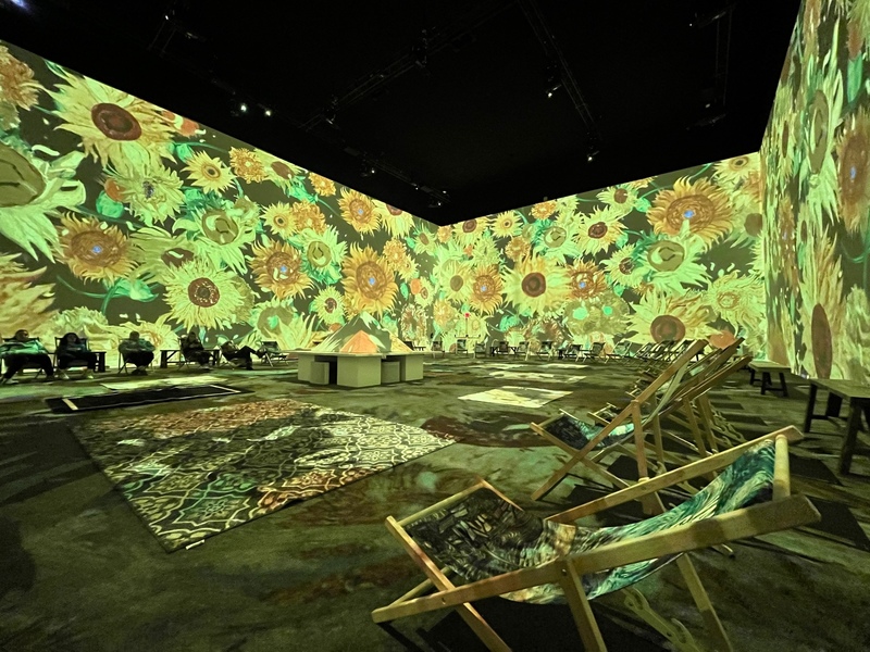 room with Van Gogh Flowers painting projected on the walls 