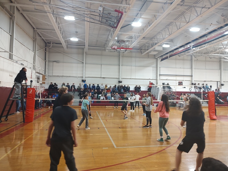 students playing volleyball game