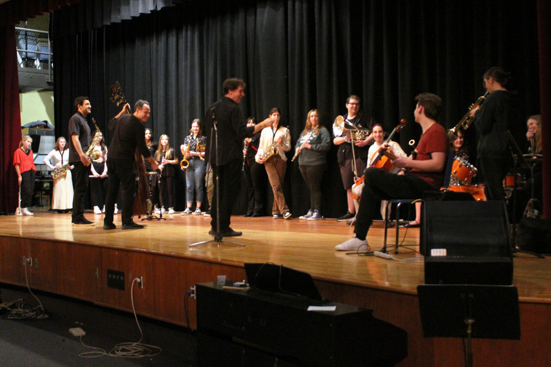 Project Trio leading masterclass for high school students on CHS stage