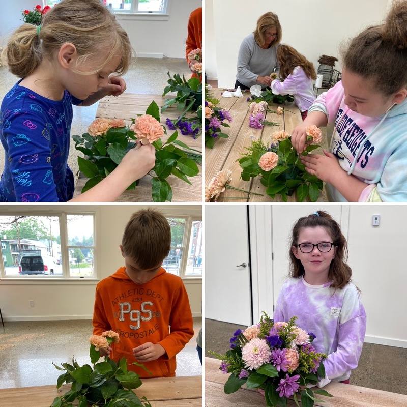 collage of photos of students making floral arrangements